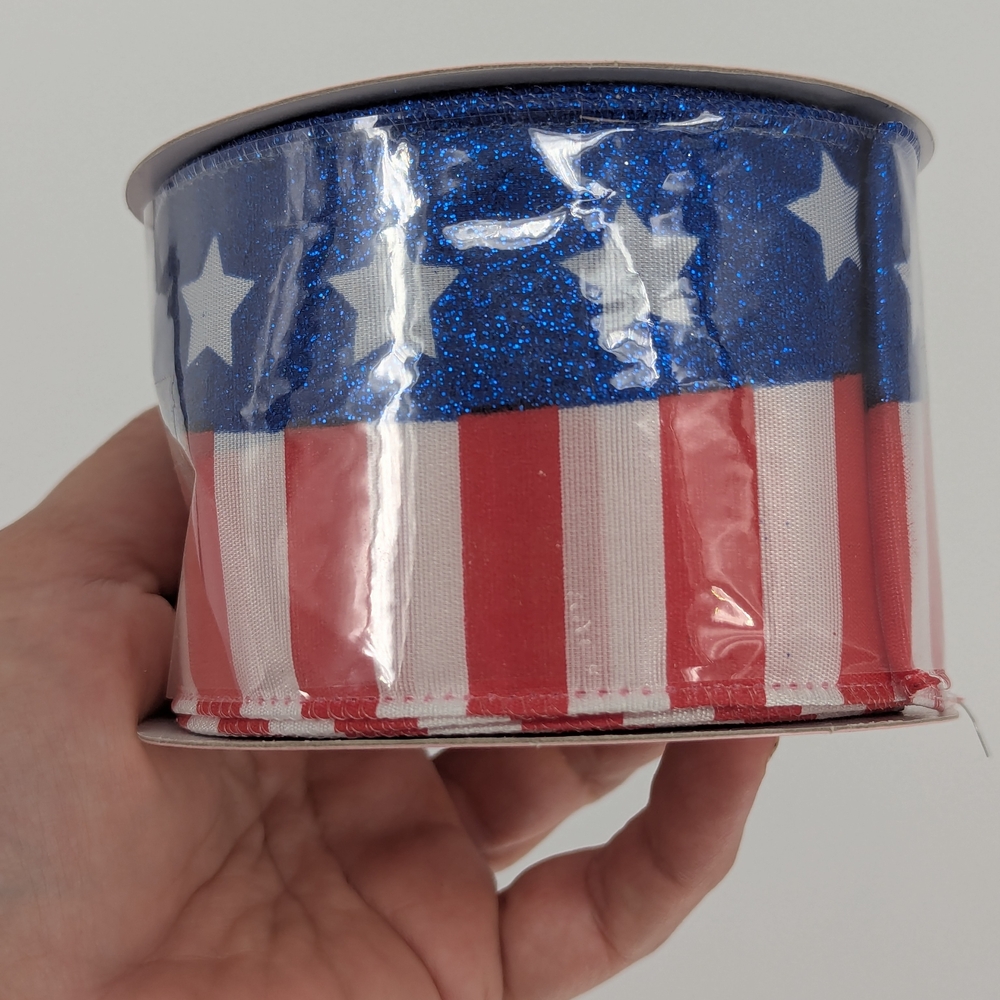 Blue Red White Party Decorations Ribbon 2.5" Wired Glitter 4th July 🎆🇺🇸 Stars
